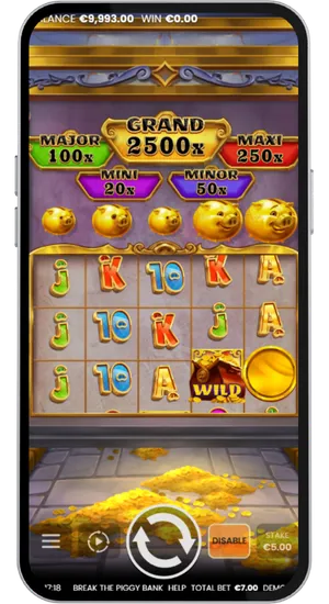 Aktivt spelläge med snurrande hjul och bonusfunktioner i Break the Piggy Bank