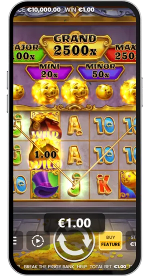 Jeu en cours avec tours actifs et fonctionnalités bonus dans Break the Piggy Bank