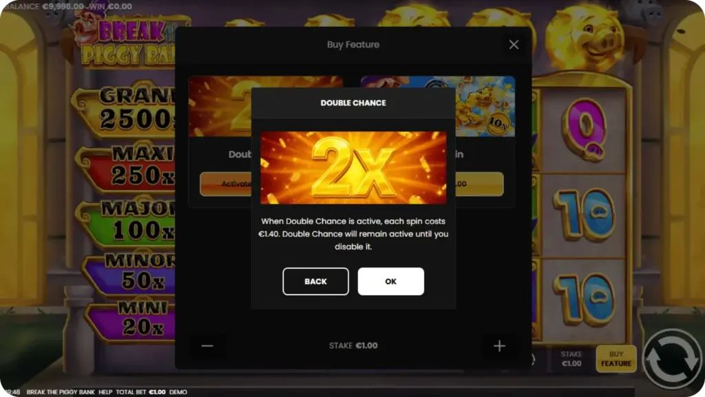 Einstellung für Double Chance im Break the Piggy Bank Slot