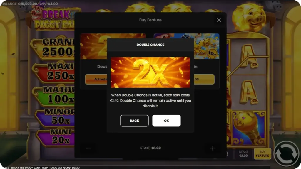 Réglage Double Chance dans Break the Piggy Bank
