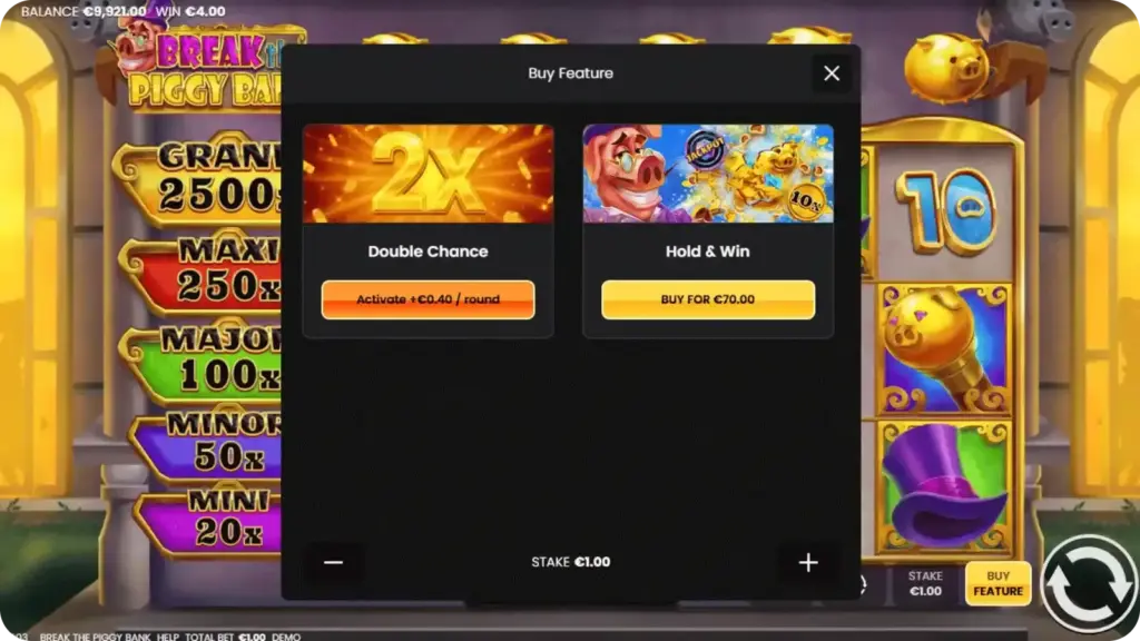 Feature Buy-knapp i Break the Piggy Bank med pris angivet som multipel