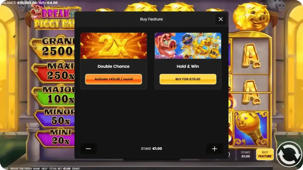 Bouton Feature Buy dans Break the Piggy Bank avec prix indiqué comme multiple