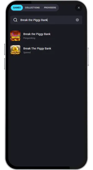 Casino game library with search and Break the Piggy Bank slot ready to launch