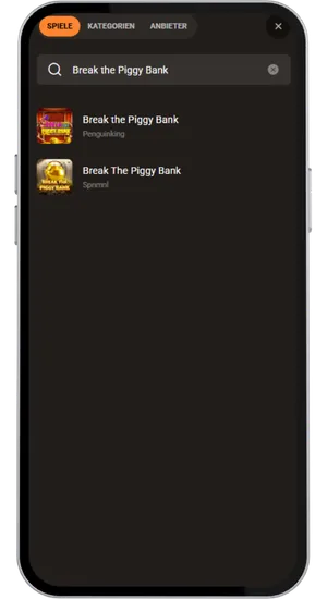 Casino-Bibliothek mit Suchfunktion und Break the Piggy Bank Slot bereit zum Spielen
