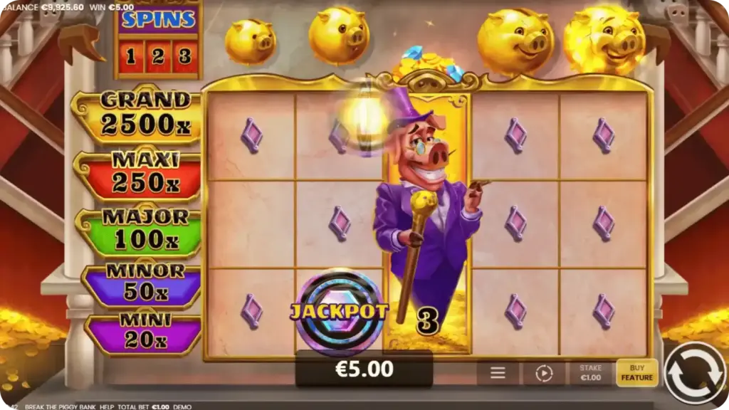 Jackpot tiers in Break the Piggy Bank with indicators for mini, minor, major and grand