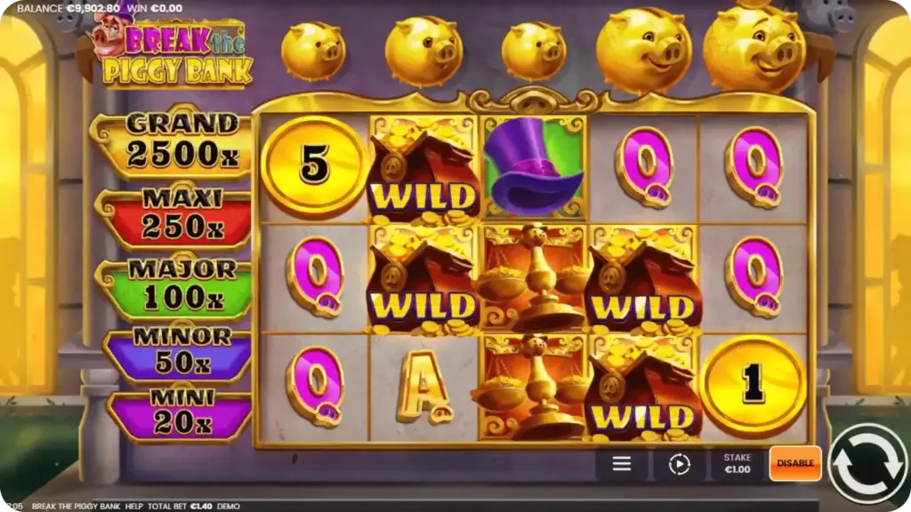 Jackpotnivåer i Break the Piggy Bank med indikatorer för mini, minor, major och grand