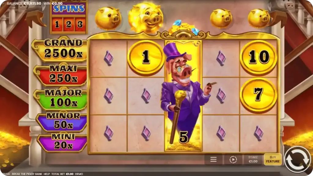 Niveaux de jackpot dans Break the Piggy Bank avec indicateurs mini, minor, major et grand