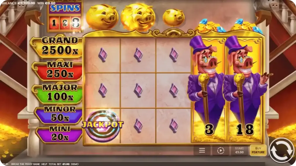 Jackpotniveaus in Break the Piggy Bank met indicatoren voor mini, minor, major en grand