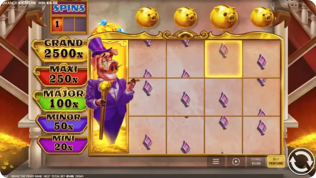 Hold & Win-läge med låsta rutor och räknare för respins Piggy Bank demo