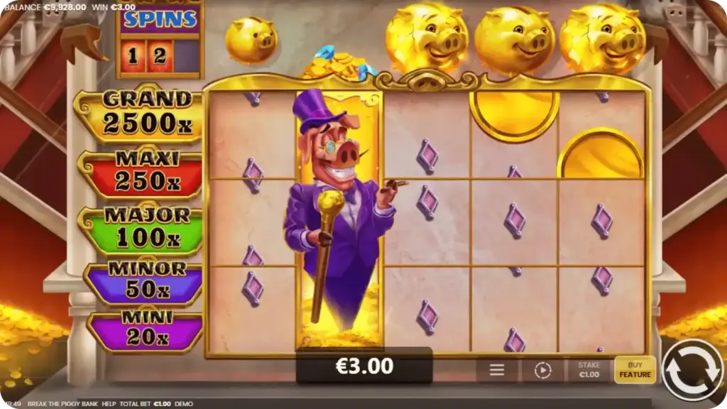 Hold & Win-Modus mit gesperrten Feldern und Respin-Zähler in der Piggy Bank Demo