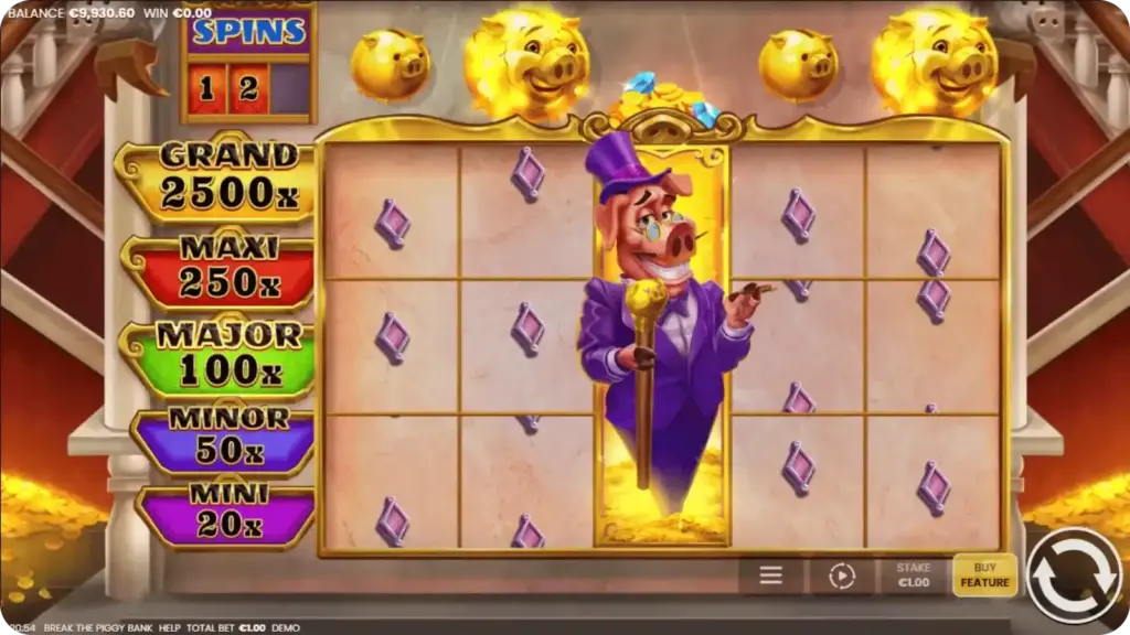 Mode Hold & Win avec cases verrouillées et compteur de respins dans Piggy Bank demo
