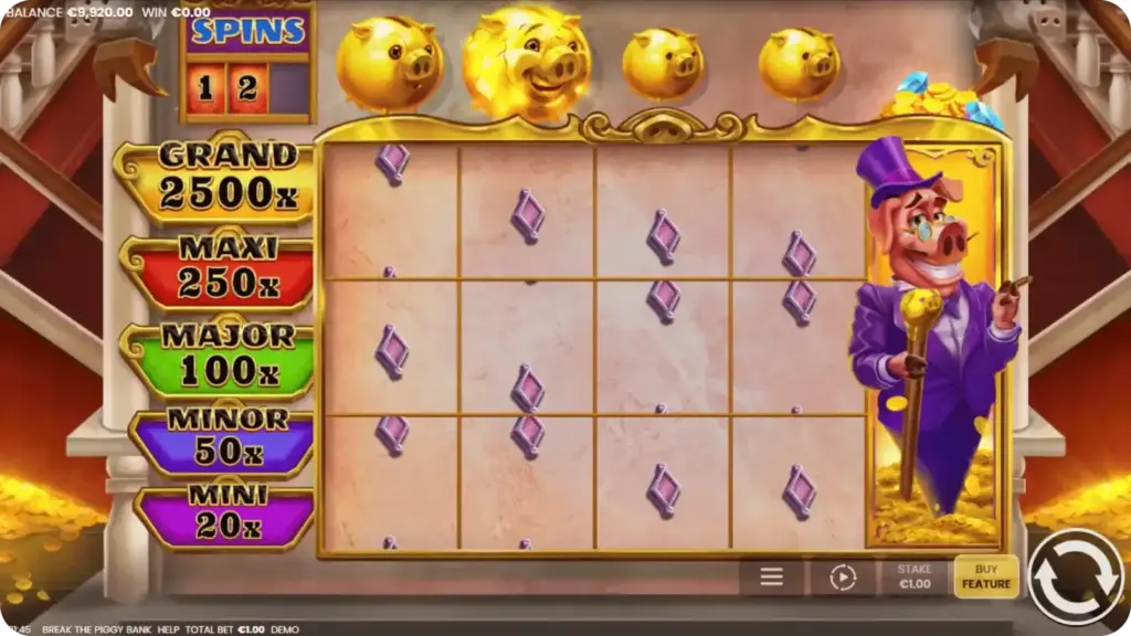 Hold & Win-modus met vergrendelde vakken en respin-teller in Piggy Bank demo