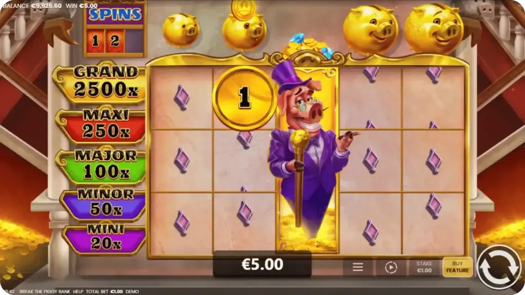 Hold & Win mode with locked tiles and respin counter in Break the Piggy Bank demo