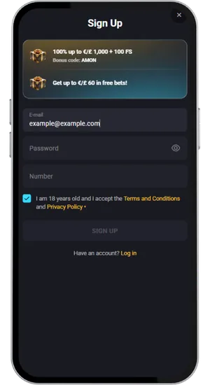 Registration form with account details and deposit options for UK players in GBP