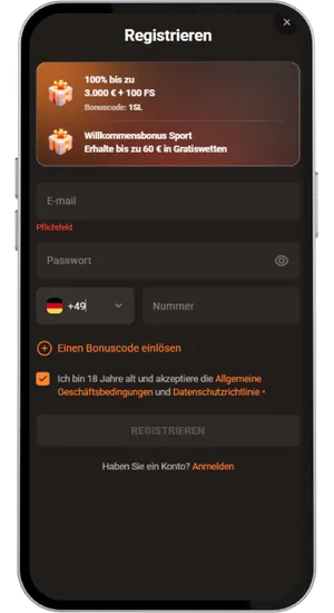 Registrierungsformular mit Kontodaten und Einzahlungsoptionen für deutsche Spieler