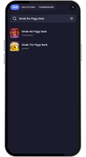 Catalogue de casino avec recherche et machine à sous Break the Piggy Bank prête à être lancée